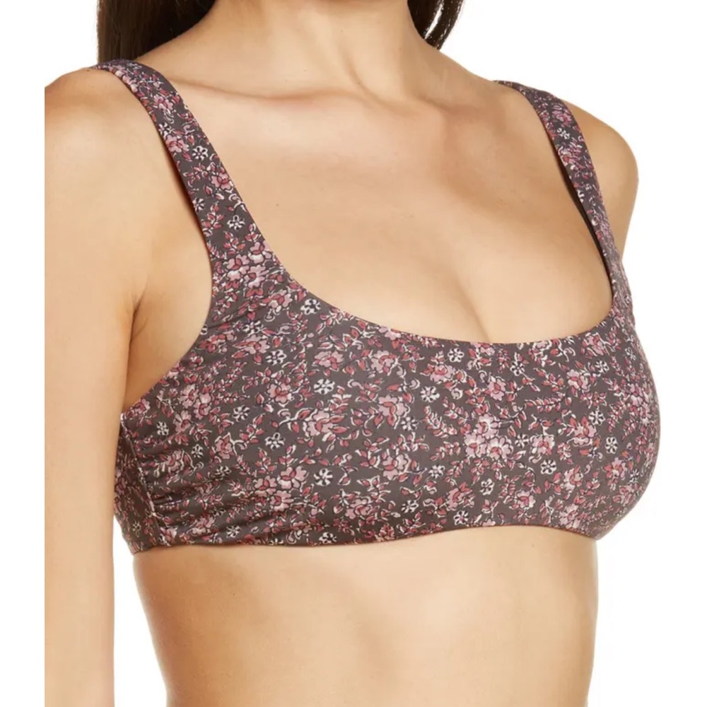 Veronica Beard Floral Print Bikini Top in Mauve and Pink